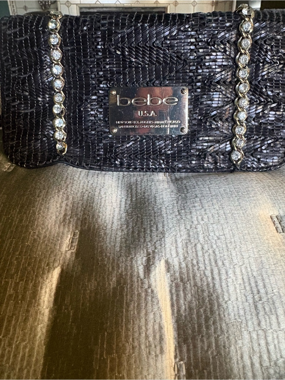 bebe Black Woven Clutch with Crystal-Trim Chain Straps